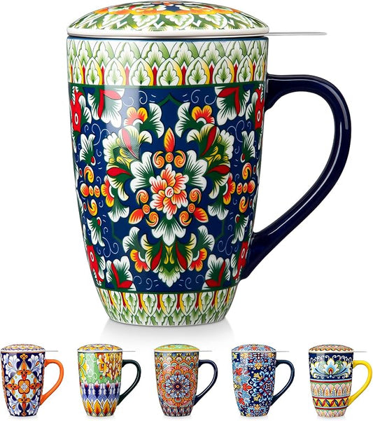 vancasso Ceramic Tea Mug with Infuser and Lid, 18 Ounce Bohemian Loose Leaf Cup, Microwave & Dishwasher Safe, Perfect for Tea, Coffee, Sage-Scarlet Floral by vancasso