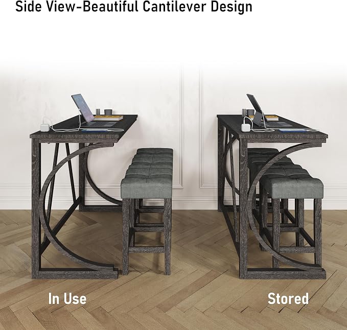 allamazing 4-Piece Counter High Bar Table Set with Socket and 3 Fabric Padded Bar Stools, Tall Kitchen Breakfast Nook with Stool, Black - Image 5