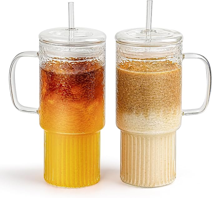 32oz Ribbed Glass Cup with Handle Lid and Straw，Borosilicate Glass Tumblers, Iced Coffee Cups Modern Glass Mug Hot/Cold Drinks for Smoothies, Tea, and Juice (clear-2Pack-glass Lid)
