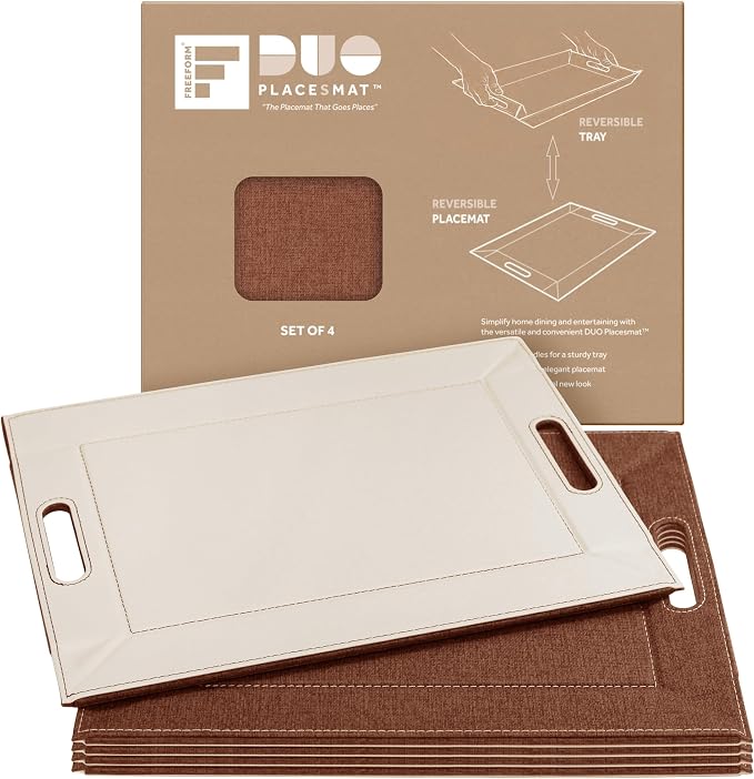 FREEFORM PLACEsMAT 2-in-1 Faux Leather Placemat & Serving Tray | Reversible Design, Lays Flat & Easy to Clean | Ottoman Food Tray, Perfect Housewarming Gift, 18” x 14” (Fabric Tan & Cream, Set of 4) by FREEFORM