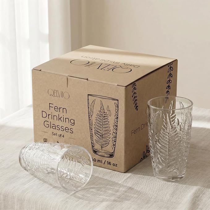 Clear Drinking Glasses Set of 4, 16 oz Glass Cups, Vintage Fern Glassware | Hand-Pressed, Dishwasher Safe, Boho Leaf-Textured Drinkware, Decorative Embossed Highball Tumblers for Water, Retro Kitchen - Image 4