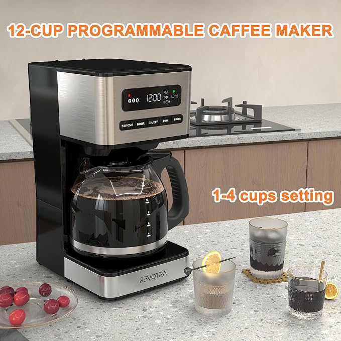 REVOTRA 12 Cup Programmable Coffee Maker, Hot and Iced Drip Coffee Makers | Regular & Strong Brew Drip Coffee Machine, 1-4 Cup, 24H Timer, Auto Shut-Off, Keep Warm, Pause & Serve - Image 2