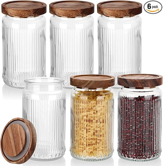 6 Pcs 1000ml/34 oz Vintage Glass Storage Jar Glass Containers with Wood Lid Ribbed Pattern Airtight Kitchen Spice Containers for Pantry, Coffee Bean, Grains, Tea, Sugar, Flour, Candy, Oats by Unknown