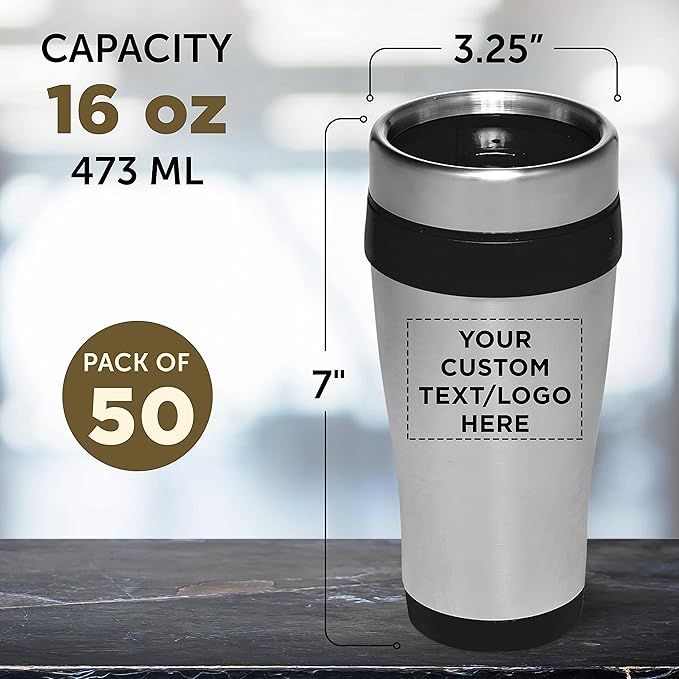 Custom Insulated Stainless Steel Travel Mugs 16 oz. Set of 50, Personalized Bulk Pack - Perfect for Coffee, Soda, Other Hot & Cold Beverages - Black