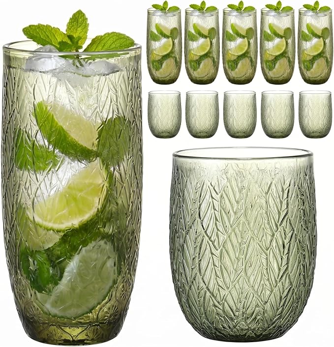 Green Drinking Glasses Set of 12, 12 Oz Highball & 10 Oz Cocktail Glasses, Green Kitchen Vintage Glassware Set, Floral Embossed Glass Tumbler Cups for Beer, Juice, Whiskey, Coffee(Leaf) by FERAHI