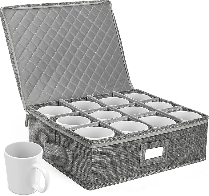 LotFancy Cup and Mug Storage Container, Hard Shell, China Coffee Mug Storage Box for Moving, with Dividers & Handles, Holds 12 Tea Cups, Grey - Image 9
