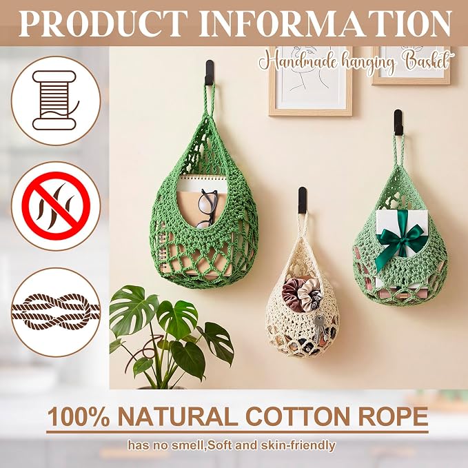 Honeydak Boho Decor Hanging Wall Baskets for Kitchen 3 Pack Teardrop Baskets with Hooks Storage Fruit Onion Vegetable Potato for Home 3 Sizes(Spring Color,Crochet,Cotton Rope) - Image 3