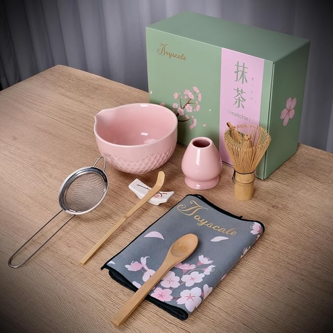 Joyscale Matcha Whisk Set, Matcha Set Whisk And Bowl, 8 Pcs Matcha Kit Set(Texture Design), 16 OZ, Japanese Matcha Tea Set, Matcha Making Kit Gifts for Tea Lovers(Pink)
