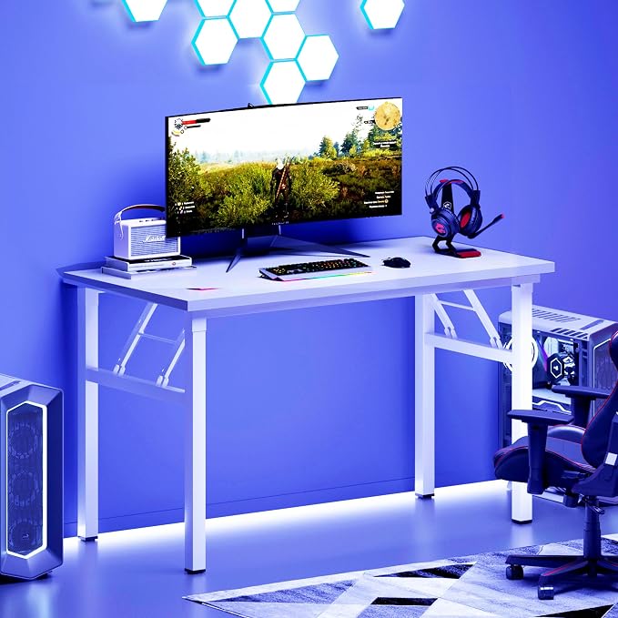 DlandHome 47 Inch Folding Computer Desk, Fully Assembled, White | Foldable Writing Table, Portable Activity Conference Table for Home Office, Wood Top Metal Frame, Collapsible Easy Storage - Image 8