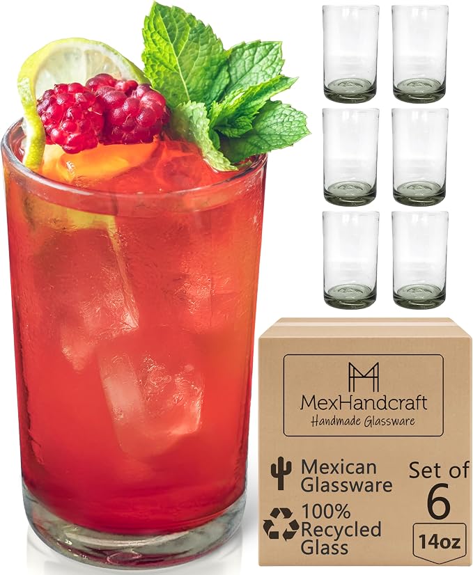 Clear 14 oz Drinking Glasses (Set of 6) | Hand Blown Mexican Glassware | Recycled Glass Drinking Glasses for Water, Juice, Margarita, Cocktails & Whiskey, Lead-Free Toxin Free - Image 3
