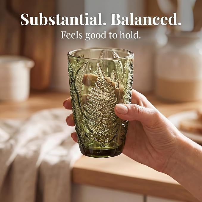 Green Drinking Glasses Set of 4, 12 oz Glass Cups, Vintage Fern Glassware | Hand-Pressed, Dishwasher Safe, Boho Leaf-Textured Drinkware, Embossed Highball Tumblers for Water, Retro Kitchen Gift - Image 4