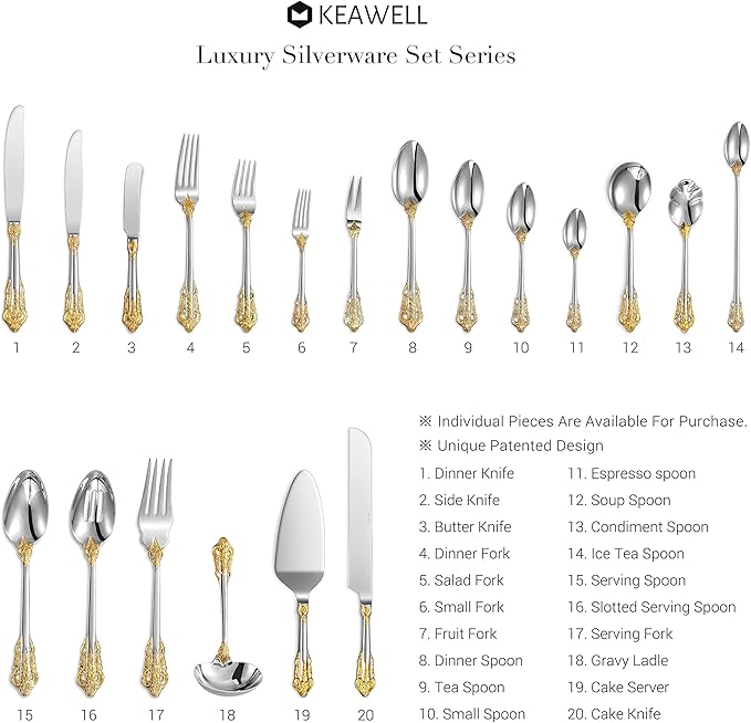 KEAWELL Gorgeous Round Soup Spoon, Set of 4, 18/10 Stainless Steel, Luxury Bouillon Spoon, Dishwasher Safe, Fine Mirror Polished (Gold Accent)