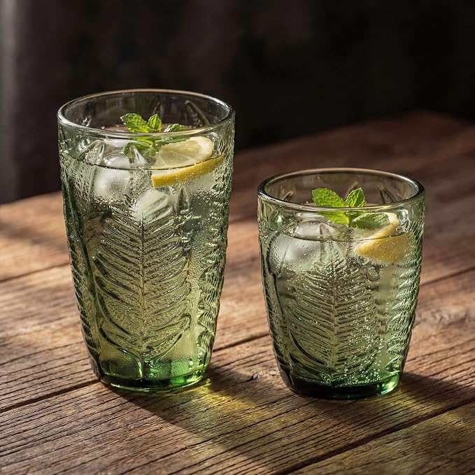 Green Drinking Glasses Set of 8 - 12 & 10 oz, Vintage Boho Fern Glass Cups | Hand-Pressed, Dishwasher Safe, Leaf-Textured Glassware, Colored Embossed Highball & Lowball Tumblers for Water, Retro Kitchen - Image 5