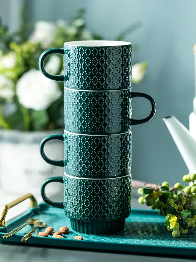 LYEOBOH Coffee Mug Set Porcelain Stackable Coffee Mugs with Stand and Spoons, 13 OZ. Cappuccino Cup Demitasse Cups for Drinks, Espresso, Latte,Set of 4, Dark Green - Image 7