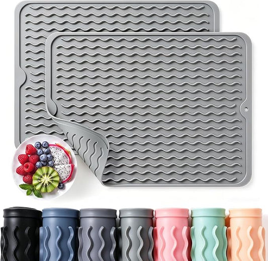 2 Pack Caketime Silicone Dish Drying Mat for Kitchen Counter Heat Resistant Quick Dry Pads Hot Dishes Waterproof with Under Sink Rack Soap Holder Coffee Accessories 15"x11.5" Light Gray by CAKETIME