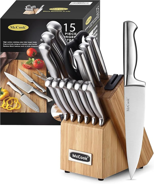 McCook Knife Set Kitchen Steel Knife Block Set w Built-in Sharpener | German Forged Stainless Steel,15 PC,Razor Sharp,Non-Stick&Anti-Rust,Ergonomic Handle,Full Tang,Gift Box by McCook