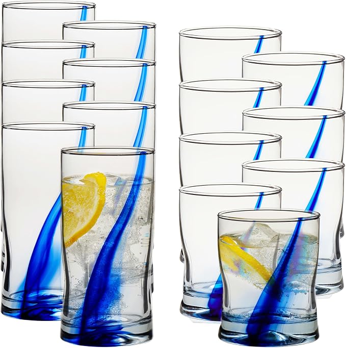 Blue Ribbon Tumbler & Rocks Drinking Glasses Set of 16, Dimpled Cups | 16.75 oz and 12.5 oz Capacities for Water, Juice, Cocktails, and More with Blue Ribbon Design and Dishwasher-Safe Cleanup by Libbey