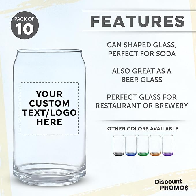 Custom Beer Can Glasses Set of 10, 16 oz. Pint Sized, Promotional Text, Logo, Soda Can Shape, Glassware, Clear
