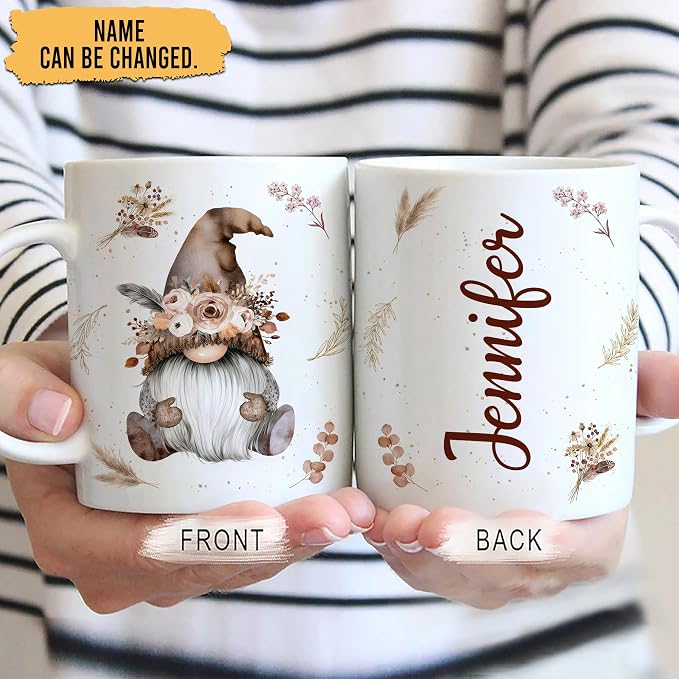Hyturtle Personalized Gnome Mug Gifts For Women on Birthday Christmas | Gnome Themed Gift Ideas Presents For Girls Friends - Boho Flowers Custom Name 11oz White Ceramic Coffee Tea Mug - Image 2