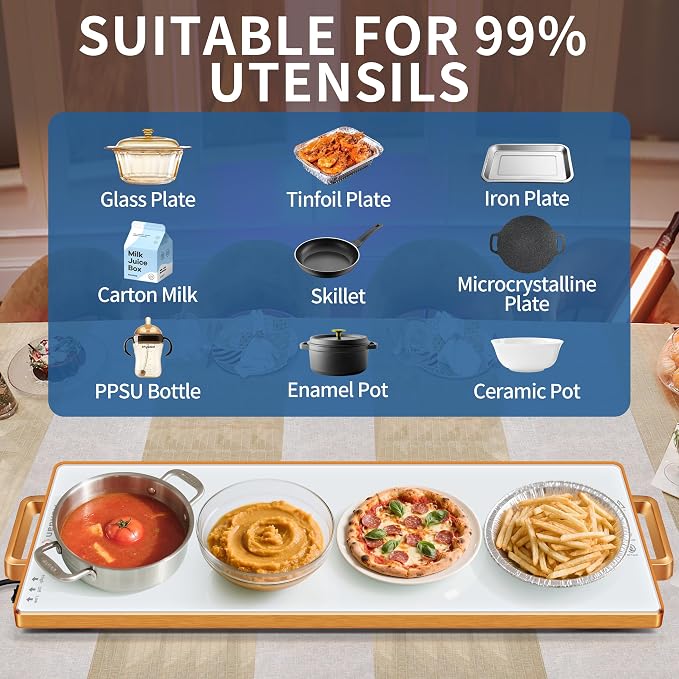Warming Trays for Buffets Party,31.5"x11.8",Tempered Glass Warmer Mat,White | Keep Food Warm, Gold Handles Food Warming Mat for Daily Use, With Thermostat, Button Temperature Control, Full Surface Warm - Image 4