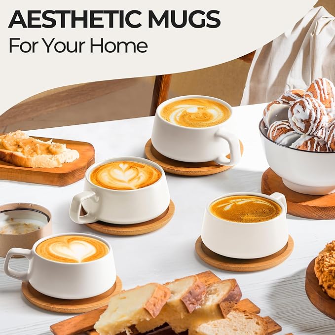 MIAMIO - Cappuccino Cup Set of 4, Ceramic, Wide (9.5oz) - Luxe (White) | Ceramic cappuccino cups and saucers, wide latte cups and mugs for Americano, 4-piece set of ceramic cups, dishwasher safe - Image 2
