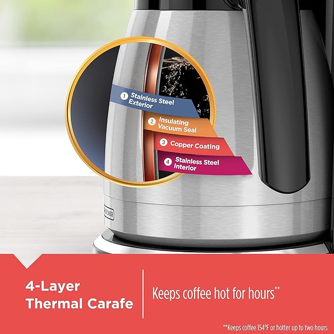 BLACK+DECKER 12 Cup Thermal Programmable Coffee Maker with Brew Strength and VORTEX Technology, Black/Steel, CM2046S | Programmable coffee maker with Vortex showerhead, brew strength control and mess-free Perfect Pour spout. - Image 3
