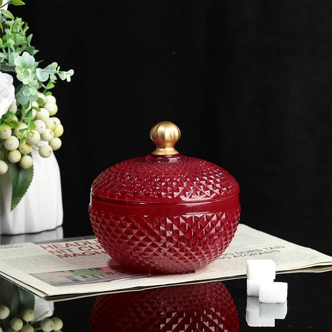 Joeyan 12 oz Small Red Glass Jewelry Box Jars with Lid,Embossed Glass Candy Dishes,Diamond Faceted Food Container,Decorative Apothecary Canisters,Colored Kitchen Bathroom Buffet Storage Organizer - Image 2