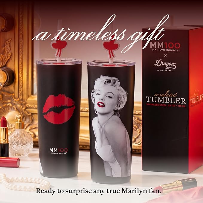 Dragon Glassware x Marilyn Monroe 100th Celebration Tumbler, 24 oz - MM100 | Vacuum Insulated Stainless Steel Tumbler with Straw & Lid; Double Walled Tumbler with Straw Charm; Marilyn Monroe Cup - Image 6