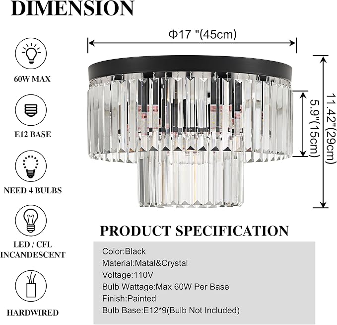 17" 9 Light Black Crystal Ceiling Light for Dining Room | K9 Crystal, Stainless Steel, 2 Tier, E12 Base, Flush Mount, for Kitchen Island Living Room Bedroom Entryway - Image 2
