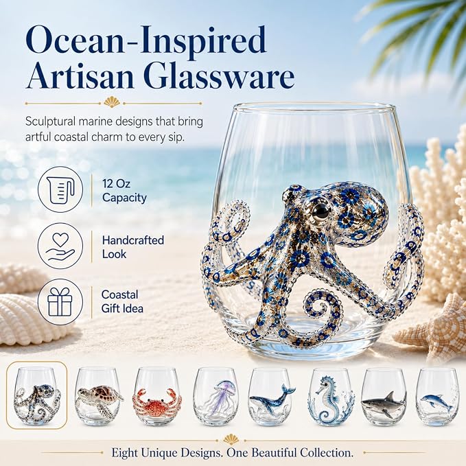 Artisanal Blue Ringed Octopus Glassware, 12oz Artisan Stemless Wine Glass (D1PC) - Image 7