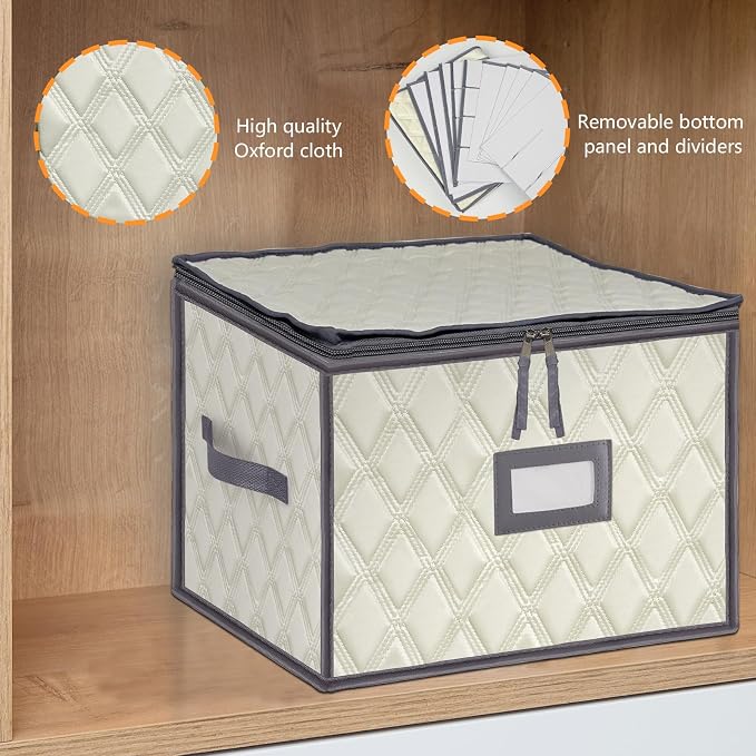 Christmas Stemware Storage Cases with Dividers- Holds 12 Wine Glass Storage or Crystal Glassware Containers, China Storage Containers with 2 Handles and Label Window -Set of 1 Beige - Image 5