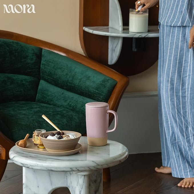 MORA Ceramics Large Tea Mug with Loose Leaf Infuser and Ceramic Lid, 18 oz, Portable, Microwave, Dishwasher Safe, Tall Coffee Cup - Rustic Matte Ceramic Glaze, Modern Herbal Tea Strainer, Dawn - Image 5