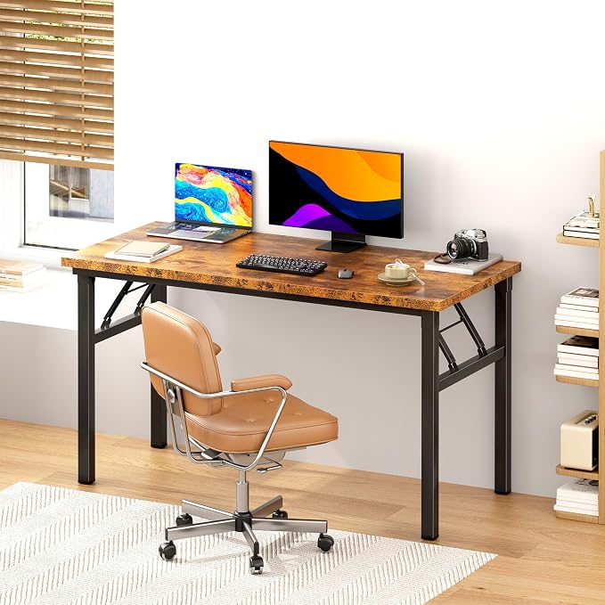 DlandHome 47 Inch Folding Computer Desk, Fully Assembled, Retro | Foldable Writing Table, Portable Activity Conference Table for Home Office, Wood Top Metal Frame, Collapsible Easy Storage - Image 2