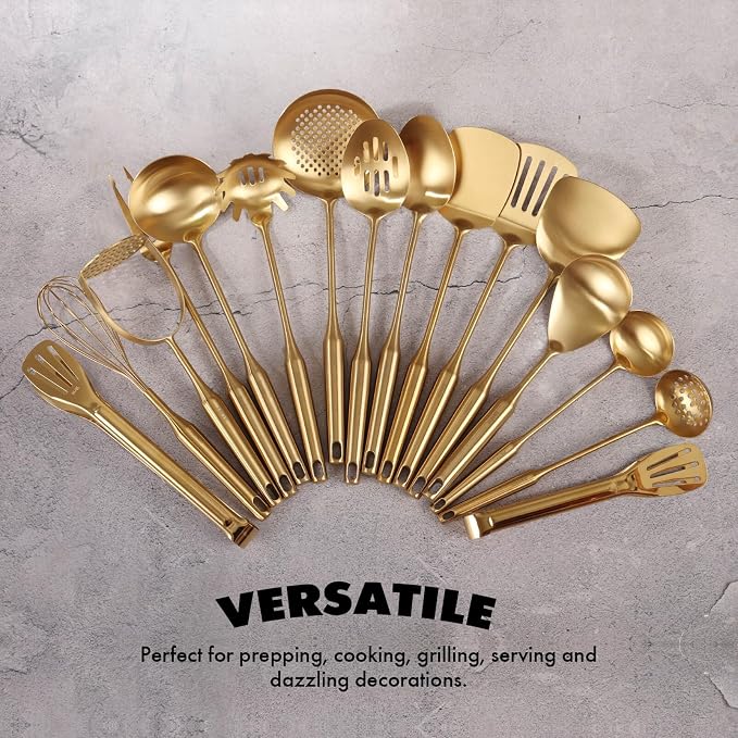 Gold Cooking Utensils Set - 16 PCS All Metal Small and Large Spoons Set | 18/10 Stainless Steel Kitchen Tools, 15″ Serving Utensil - Whisk, Masher, Fork, Tongs, Spatula, Turner, Ladle, Skimmer, Pasta - Image 6