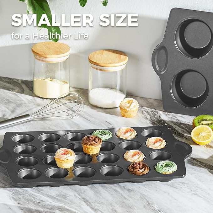 Mini 24 Muffin & Cupcake Pans with 240 Liners, Nonstick, Non-toxic | Heavy-duty Small Cheesecake Tray with Ear Shaped Wider Grips, 1.8dia, Grey, Premium - Image 4