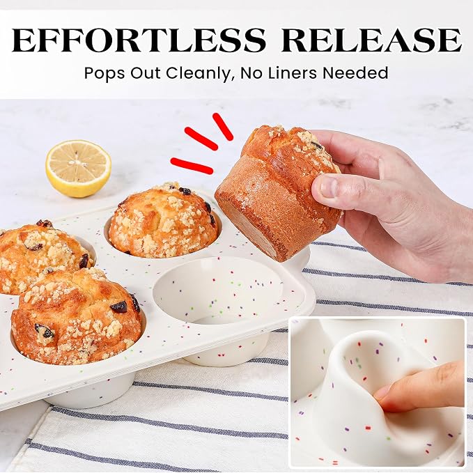 2 Pcs Jumbo Muffin Pan with Metal Frame Nonstick 6 Cup Extra Large Silicone Cupcake Pan for Baking, Deep Jumbo Muffin Tray for Egg Bites Muffins, Confetti Color Cream Gifts for Mom Home Baker - Image 2