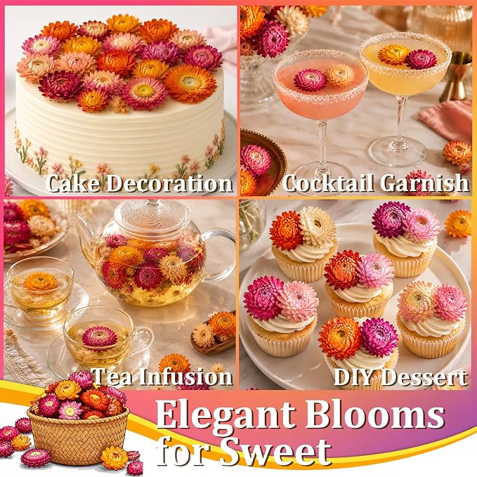130+ Edible Dried Mixed Flowers for Cake Decorations - Food Grade Natural Color Strawflower, Dried Flower for Drink Toppers, Cocktail Garnish, Cupcakes & DIY Crafts - Image 3