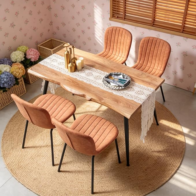 Rectangle Dining Table Set for 4 with Brown PU Leather Chairs | 5-Piece Mid-Century Modern Set, Irregular MDF Table, Wood Grain, Space-Saving for Small Spaces, Dining Rooms, Easy Clean - Image 5