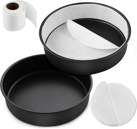 E-far 8 Inch Cake Pans Set of 2, Nonstick Stainless Steel Small Round Baking Pans with Parchment Paper & Side Liner Roll, Stainless Steel Core & Non-toxic Coating, Straight Side & 2 Inch Deep by E-far