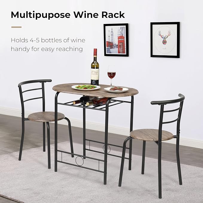 VINGLI 3 Piece Dining Set,Small Kitchen Table Set for 2,Breakfast Table Set for 2,Kitchen Wooden Table and 2 Chairs for Small Space/Dining Room/Apartment,Metal Frame,Wine Rack,Rustic - Image 3