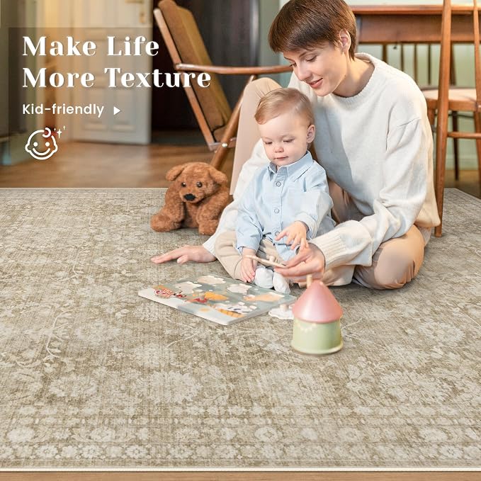 5x7 Area Rugs for Living Room: Washable Vintage Floral Rug Low Pile Non-Slip Boho Carpet for Nursery Bedroom Dining Room (Brown, 5'x7') - Image 4