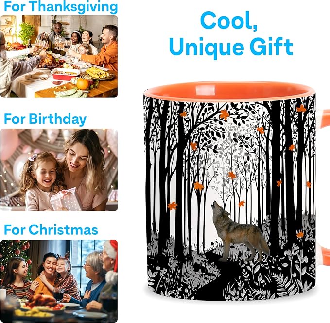 Hyturtle Fall Howling Wolf Coffee Mug with Spoon Gift on Birthday Christmas | Wolf Lover Gift Ideas for Women Men, Fall Autumn Decor Gifts for Thanksgiving, Premium 11oz ceramic double-sided print mug - Image 6