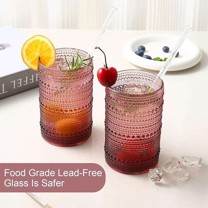 ZMOWIPDL Drinking Glasses Set of 6,15 oz Purple Hobnail Glass Cups | Vintage Glassware，Embossed Water Tumbler,for Beer,Cocktail,Whiskey,Juice and Various Mixed Drinks- 1 Cleaning Brush - Image 4