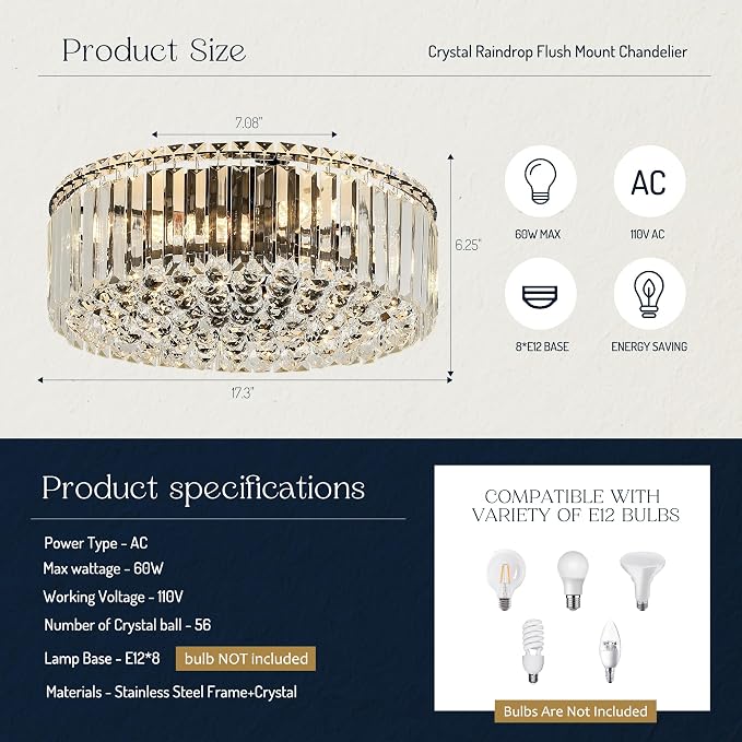 17.3" Black K9 Crystal Raindrop Flush Mount Ceiling Light, Modern Chandelier, Round Luxury Light Fixture for Dining Room, Bedroom, Hallway, Kitchen Island & Living Room - Image 2