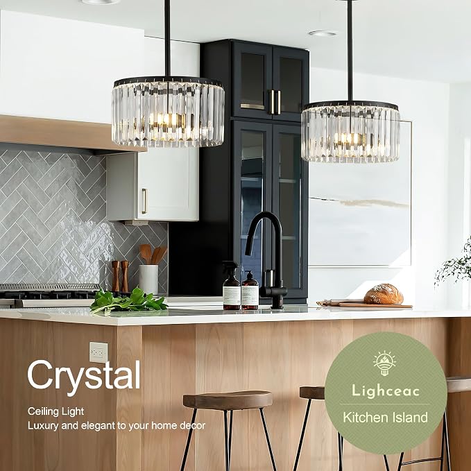 Modern 12" Black Semi Flush Mount Crystal Ceiling Light Fixtures for Dining Room Luxury Glam 2-Light Small Chandeliers Lighting for Bedroom Entryway Hallway Living Room Kitchen Island Foyer - Image 4