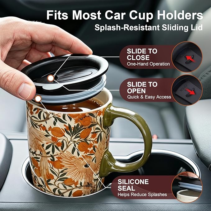 Topadorn 17oz Ceramic Travel Mug with Lid, William Morris, Gift Box | Pomegranate Parrot Coffee Mug, Vintage Botanical Latte Cup, Microwave & Dishwasher Safe - Image 3