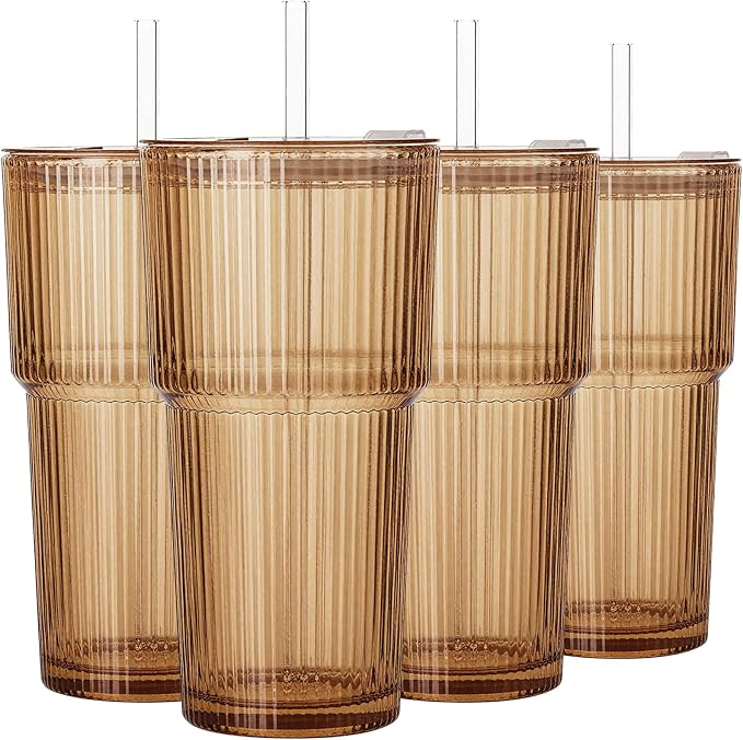 4PCS Brown Drinking Glasses, Ribbed Glass Cups with Lids and Straws, 20oz Vintage Drinking Glasses, Aesthetic Iced Coffee Cups, Glass Tumbler for Boba, Beer, Tea, Cocktails, Yellow Glassware (Brown-4) by SIPBYSOP