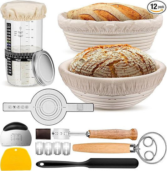 Sourdough Starter Kit with 2 Proofing Baskets, 36oz Sourdough Starter Jar, Bread Lame, Dough Scraper, Dough Whisk & Silicone Bread Sling