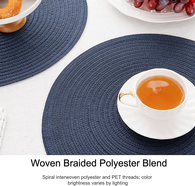 SHACOS Round Placemats Set of 8 Washable 15 inch Round Table Mats Cotton Polyester Woven Braided Place Mats for Dining Table, Navy - Image 4