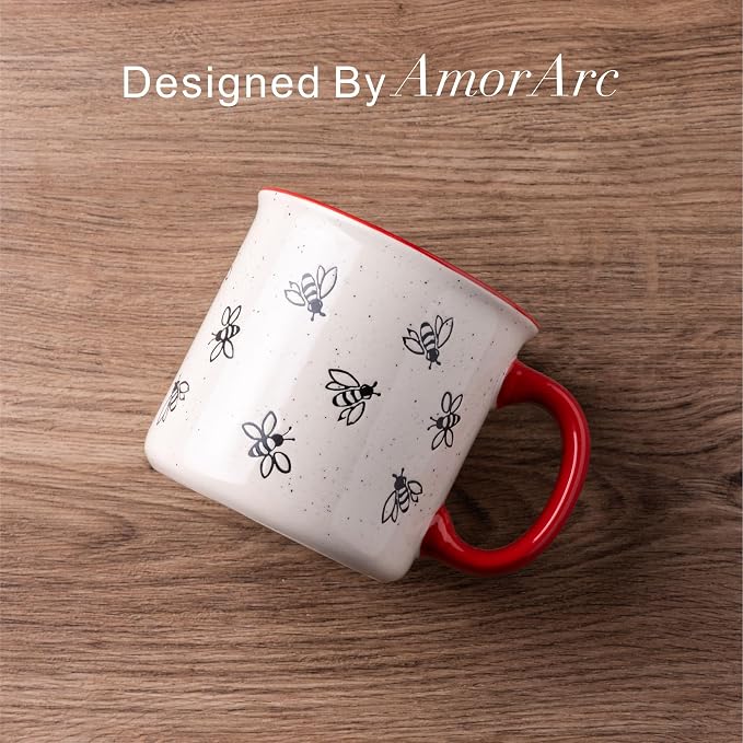 AmorArc 22 OZ Large Ceramic Coffee Mugs, Oversized Soup Cups With Big Handle for Men Women Dad Mom, Big Mug With Textured Bees Patterns for Office & Home -Microwave Safe, 2 Pcs-Red - Image 3